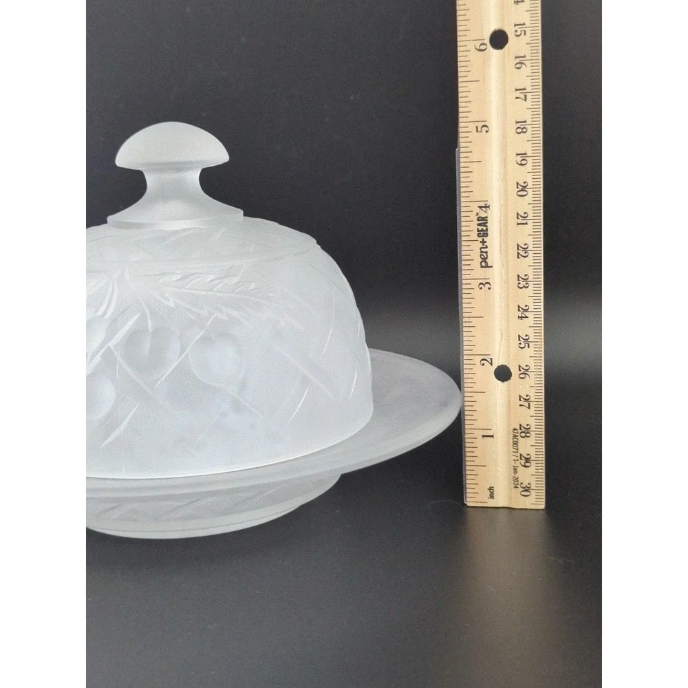 Vintage Frosted Glass Covered Cheese Dish Fruit Pattern Serving Plate w Cloche